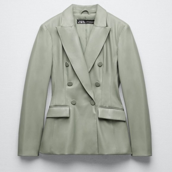 ZARA WOMAN SEA GREEN DOUBLE BREASTED FAUX LEATHER BLAZER - Picture 3 of 10